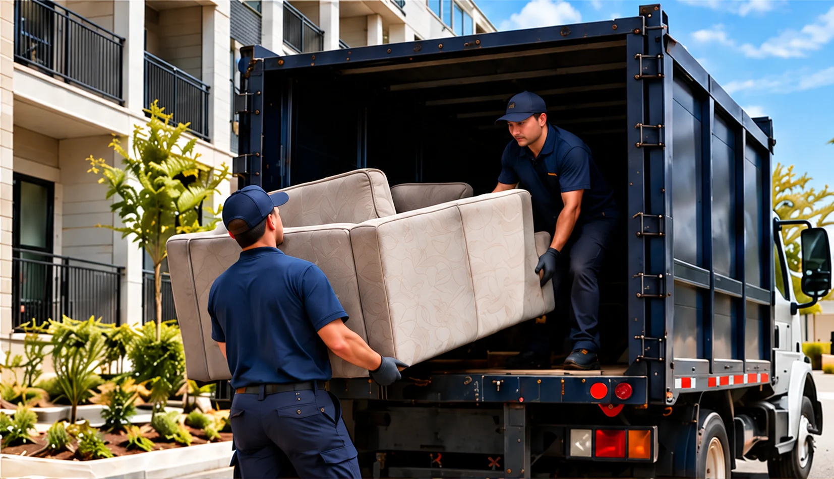 Livingston Junk Pros crew loading a patterned sofa into a black junk removal truck at an apartment community