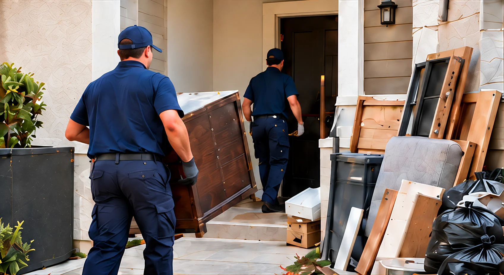 Two junk removal workers carrying a wooden cabinet from an apartment entrance