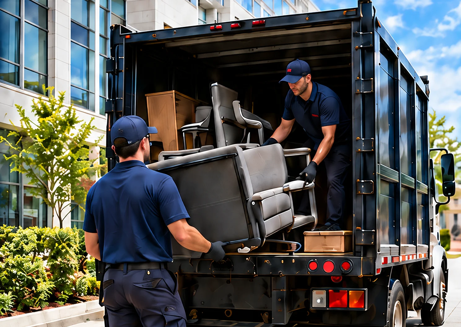 Junk removal crew loading a gray office chair into a truck