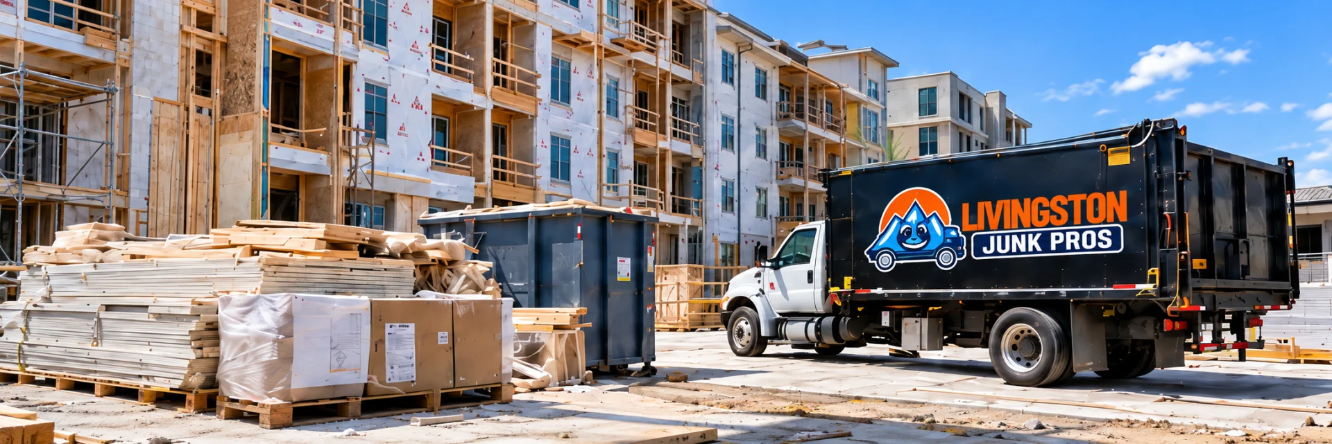 Livingston Junk Pros truck beside lumber and debris at an apartment construction site
