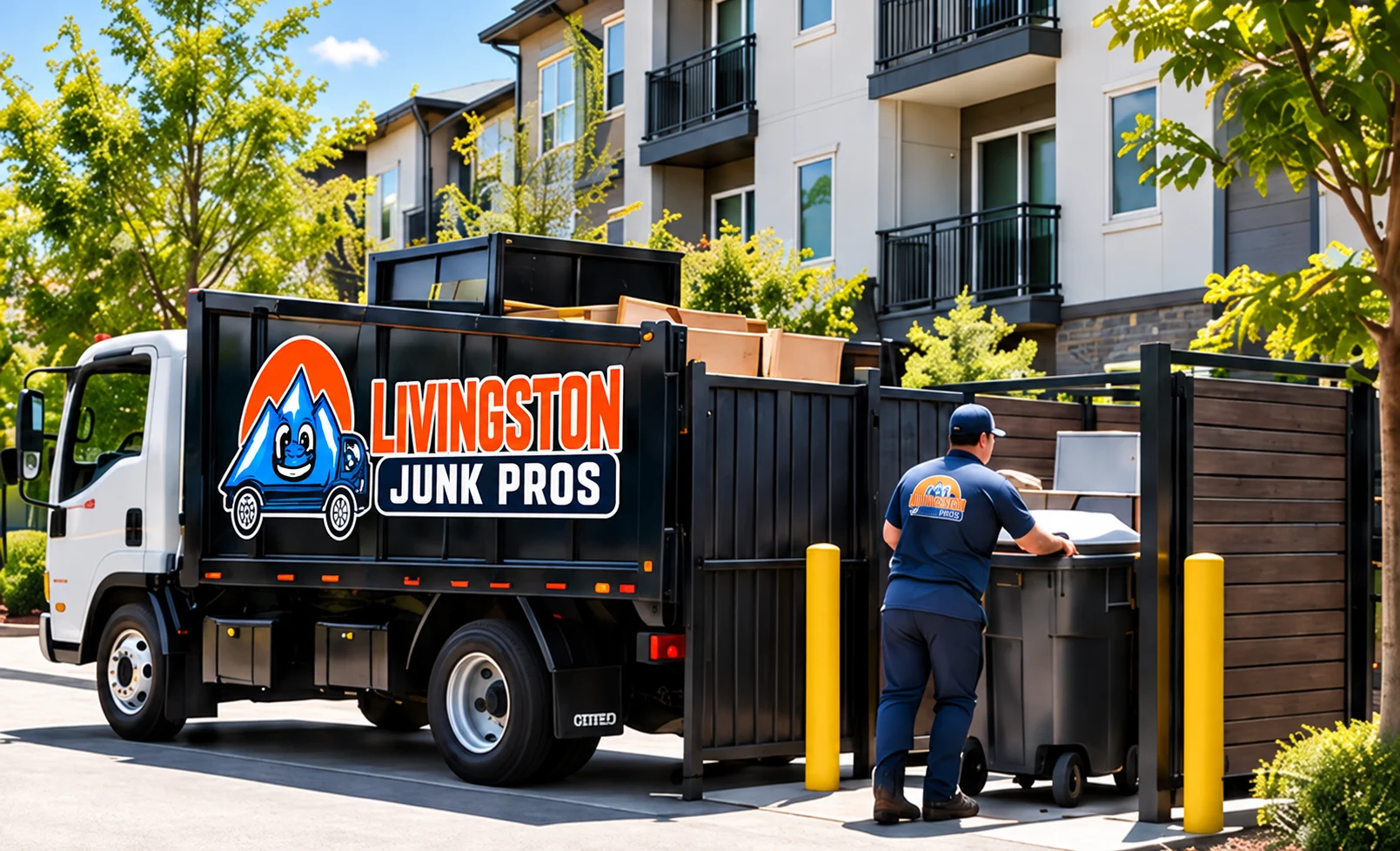 Worker rolling a bin beside a Livingston Junk Pros truck during a recurring pickup