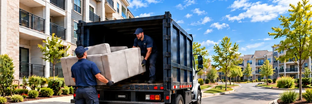Two crew members loading a sofa into a junk removal truck at an apartment community